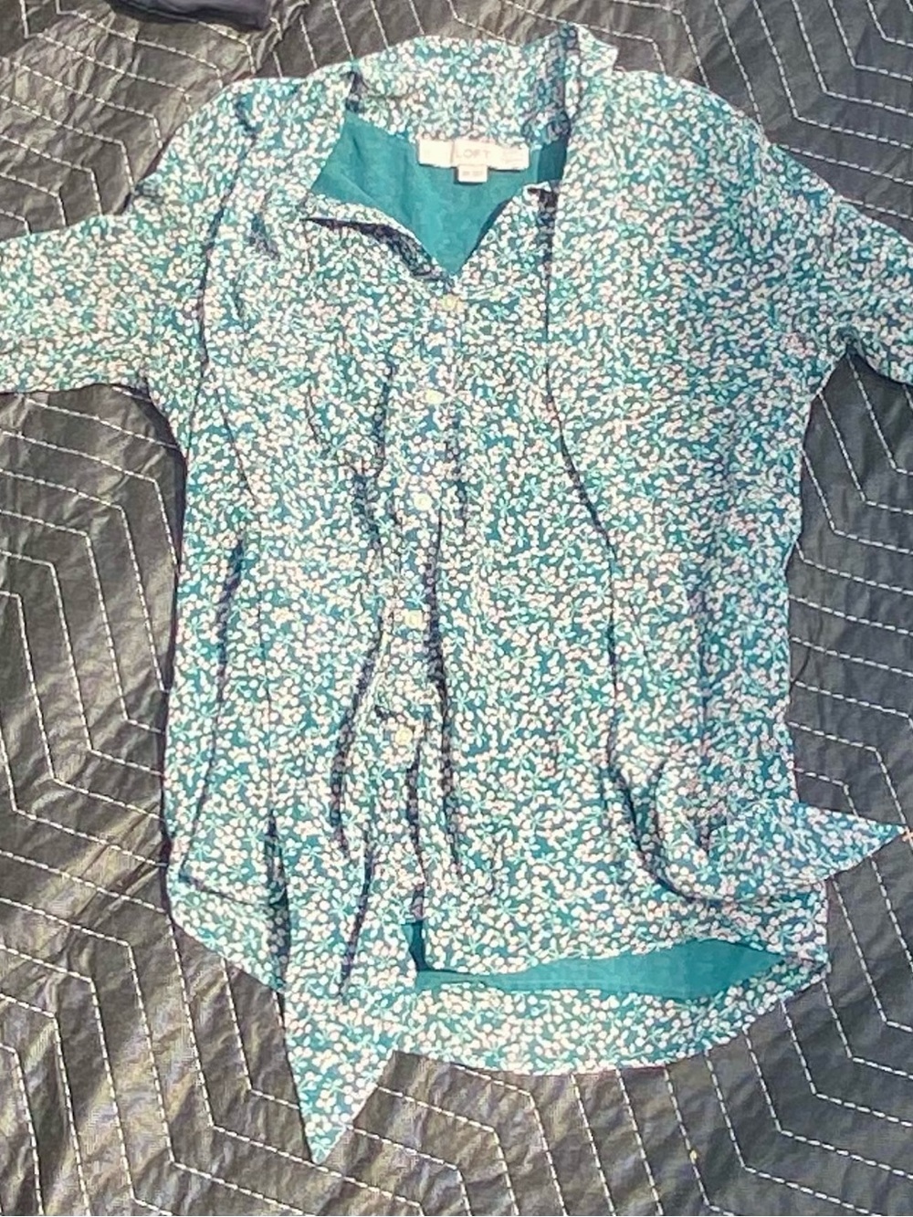LOFT Teal Floral Petite Blouse with Pink and White Buds